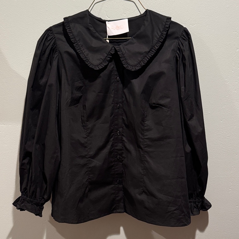 New NWT Selkie Meadow Blouse Black Ruffled Collar Balloon Sleeve Blouse Top